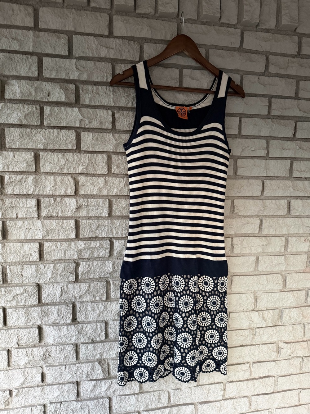 Tory Burch Navy/Cream Ribbed Knit Striped Debbie Doily Crotchet Skirt Dress Sz S
